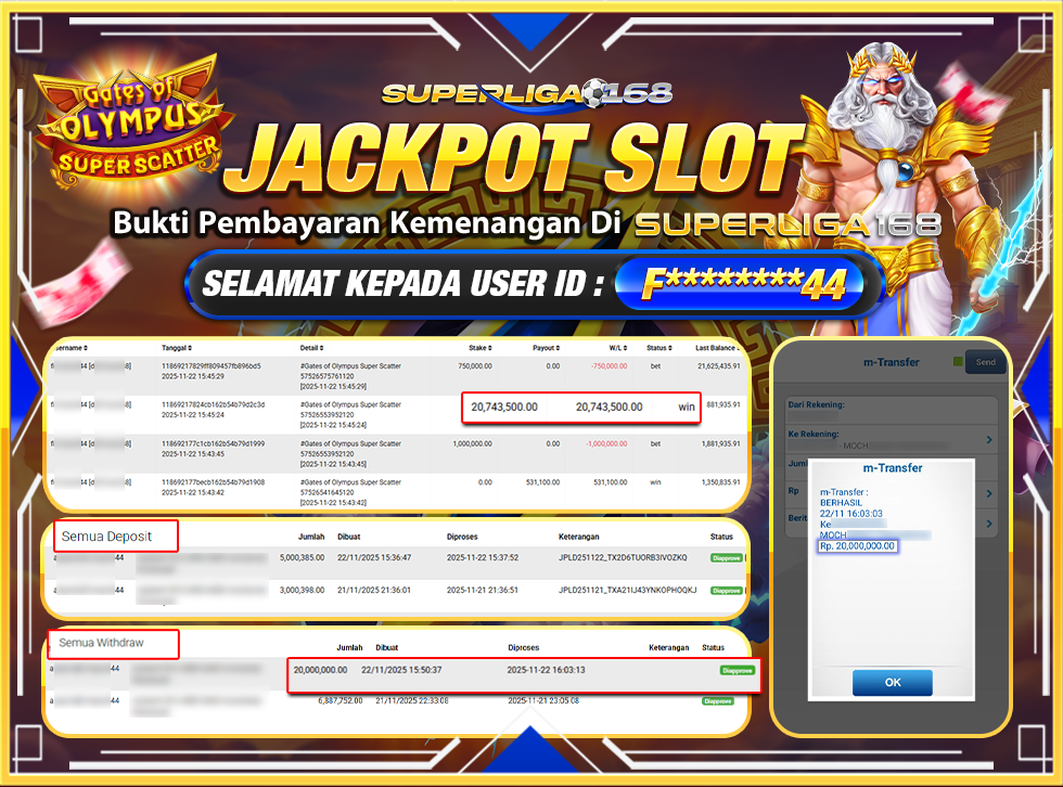 SUPERLIGA168 JACKPOT GATES OF OLYMPUS SUPER SCATTER Rp.20,000,000,LUNAS